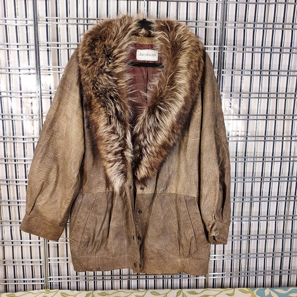 Jacobsens Vintage Distressed Genuine Leather Coat Jacket With Fur Size Medium